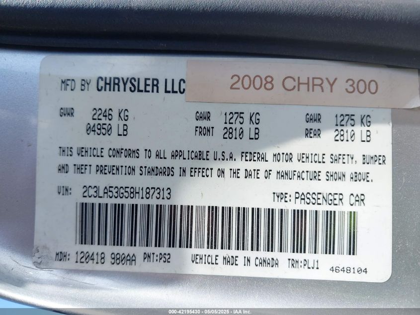 2008 Chrysler 300 Touring VIN: 2C3LA53G58H187313 Lot: 42195430