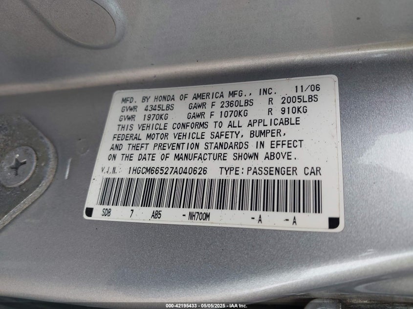 2007 HONDA ACCORD VIN: 1HGCM66527A040626