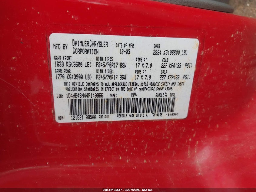 2004 Dodge Durango Slt VIN: 1D4HB48N44F140966 Lot: 42195547