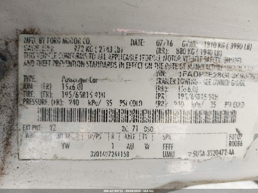 2016 Ford Focus S VIN: 1FADP3E28GL369809 Lot: 42195722