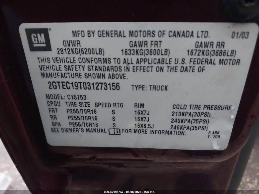 2003 GMC Sierra 1500 Sle VIN: 2GTEC19T031273156 Lot: 42195747