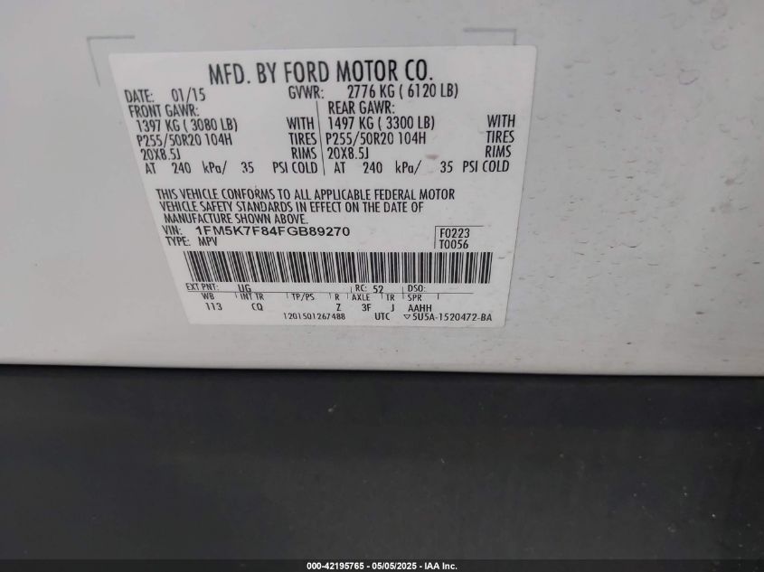 2015 Ford Explorer Limited VIN: 1FM5K7F84FGB89270 Lot: 42195765