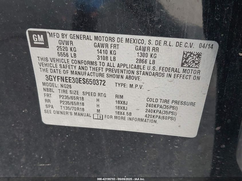 2014 Cadillac Srx Luxury Collection VIN: 3GYFNEE30ES650372 Lot: 42195783