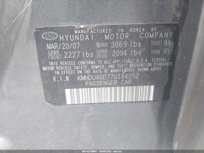 2007 HYUNDAI ELANTRA VIN: KMHDU46D77U184052