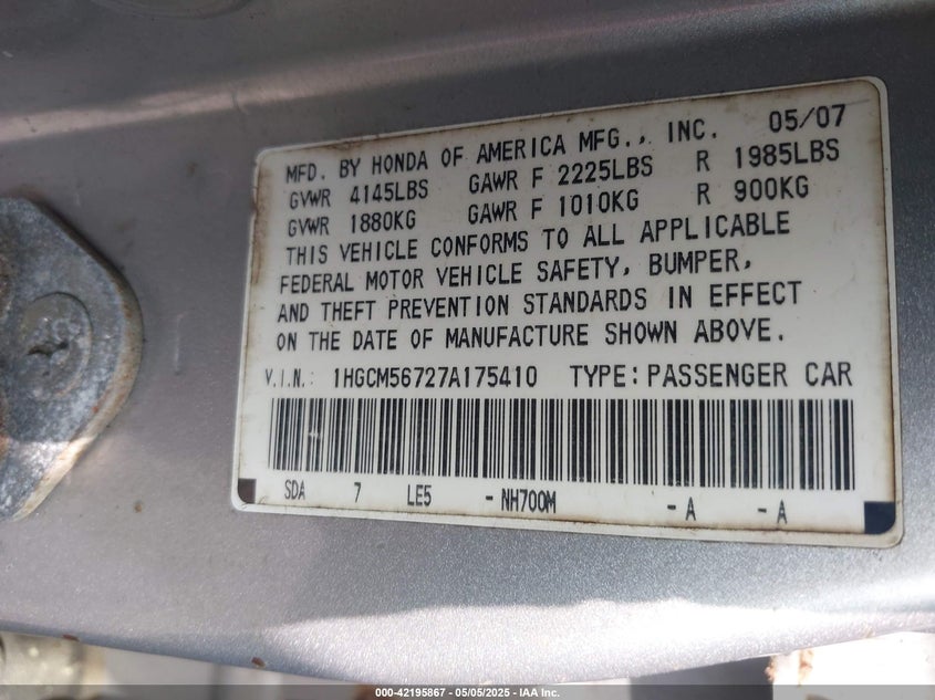 2007 HONDA ACCORD VIN: 1HGCM56727A175410
