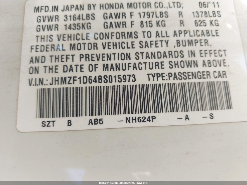 2011 Honda Cr-Z Ex VIN: JHMZF1D64BS015973 Lot: 42195896