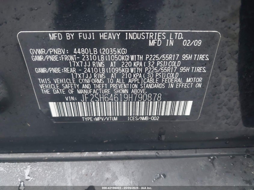 2009 SUBARU FORESTER VIN: JF2SH64619H790878
