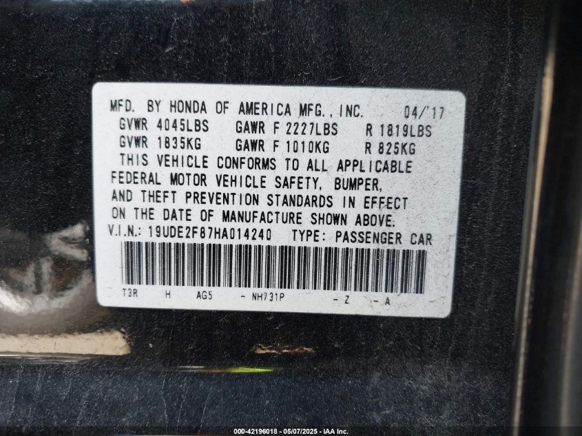 2017 Acura Ilx Premium A-Spec Packages/Technology Plus A-Spec Packages VIN: 19UDE2F87HA014240 Lot: 42196018