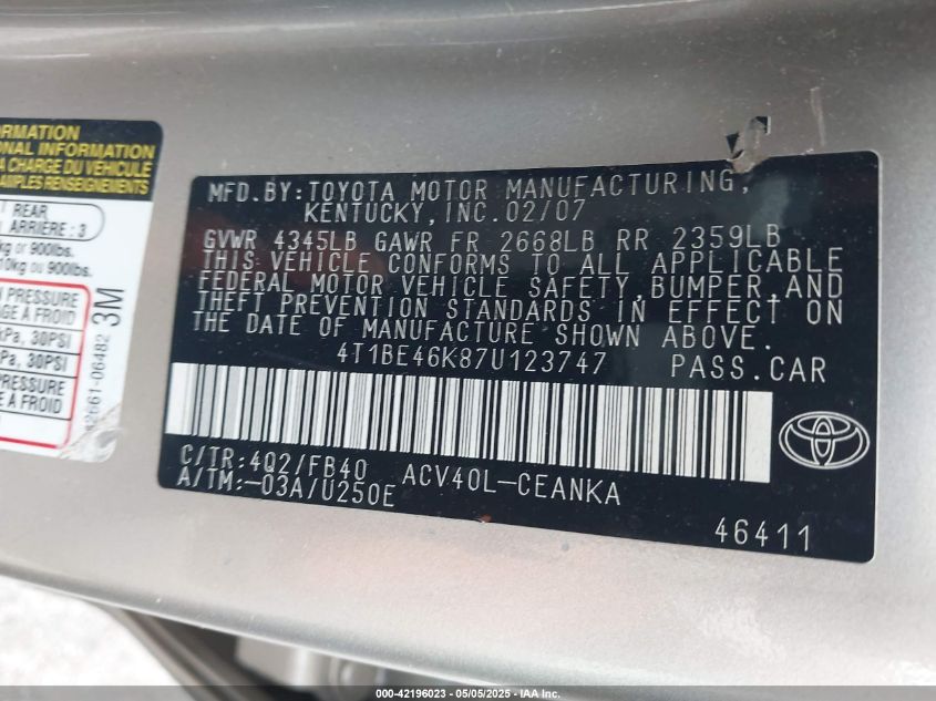 2007 Toyota Camry Le VIN: 4T1BE46K87U123747 Lot: 42196023