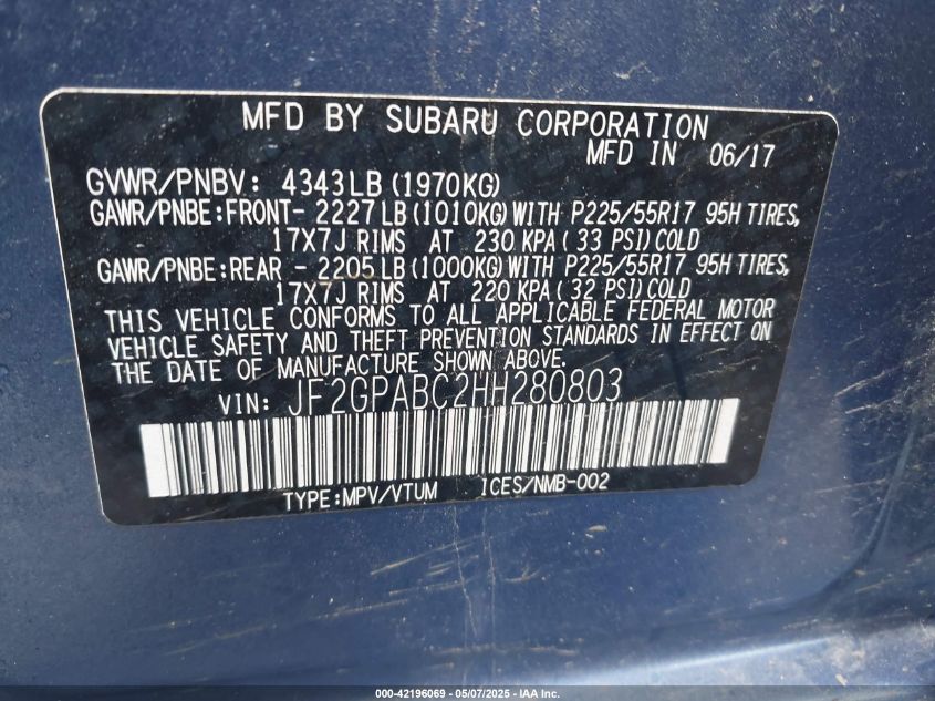 2017 Subaru Crosstrek 2.0I Premium VIN: JF2GPABC2HH280803 Lot: 42196069