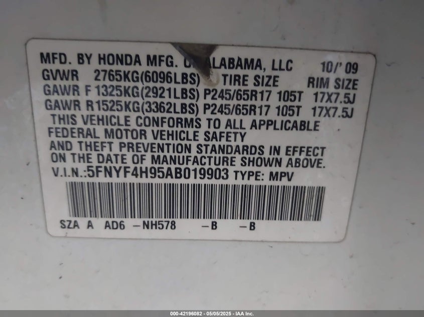 2010 HONDA PILOT VIN: 5FNYF4H95AB019903