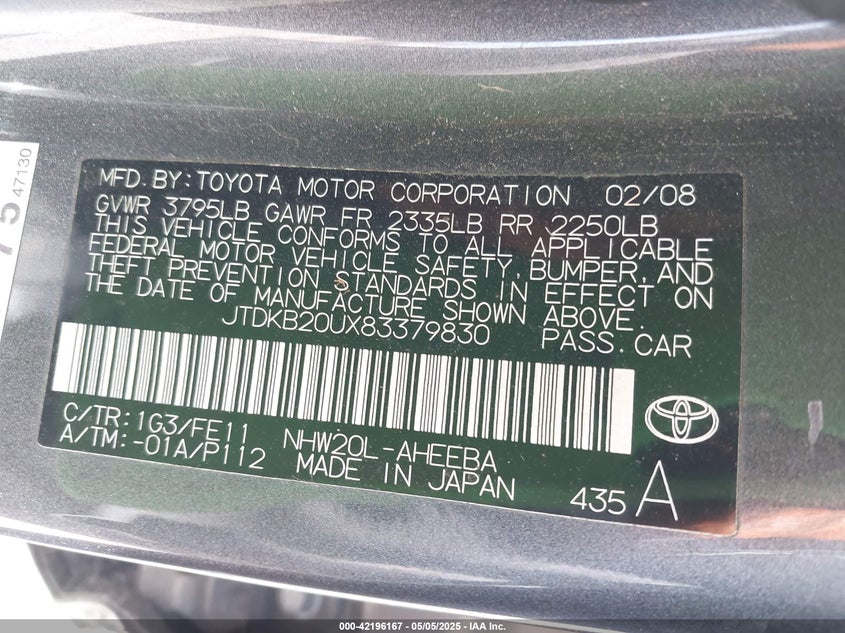 2008 TOYOTA PRIUS VIN: JTDKB20UX83379830