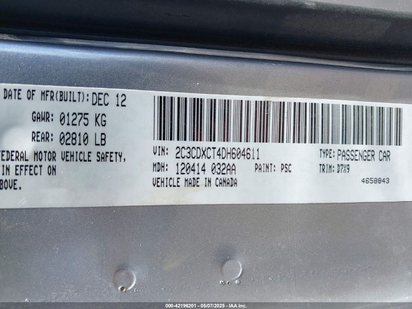 2013 Dodge Charger R/T VIN: 2C3CDXCT4DH604611 Lot: 42196201