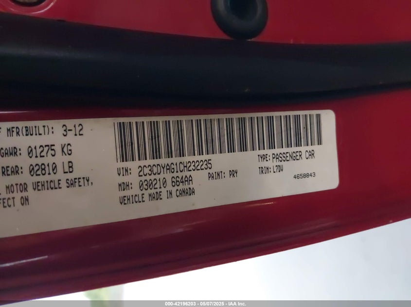 2012 DODGE CHALLENGER VIN: 2C3CDYAG1CH232235