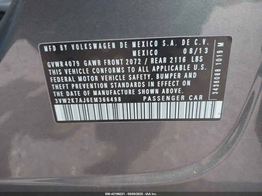 2014 VOLKSWAGEN JETTA VIN: 3VW2K7AJ6EM366498