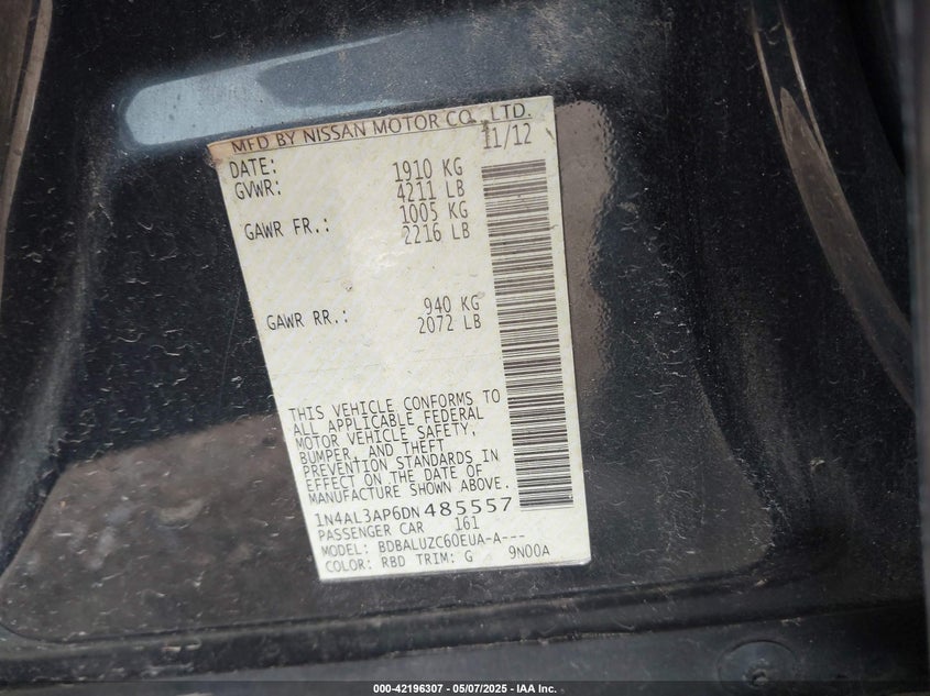 2013 NISSAN ALTIMA VIN: 1N4AL3AP6DN485557