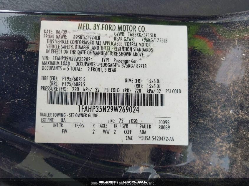 2009 Ford Focus Se VIN: 1FAHP35N29W269024 Lot: 42196337