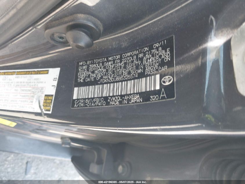 2011 Toyota Prius Two VIN: JTDKN3DU8B5325574 Lot: 42196385