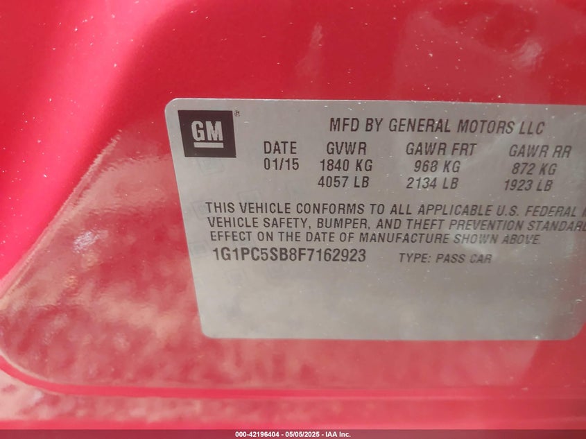 2015 CHEVROLET CRUZE VIN: 1G1PC5SB8F7162923