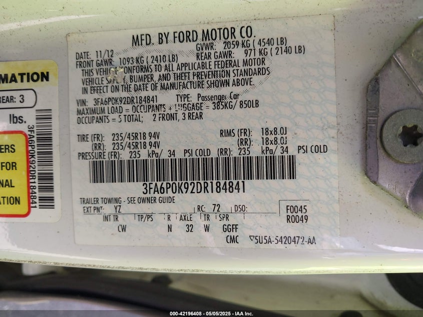 2013 FORD FUSION VIN: 3FA6P0K92DR184841