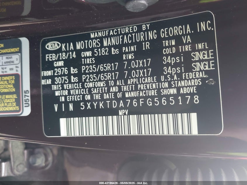 2015 Kia Sorento Lx V6 VIN: 5XYKTDA76FG565178 Lot: 42196426