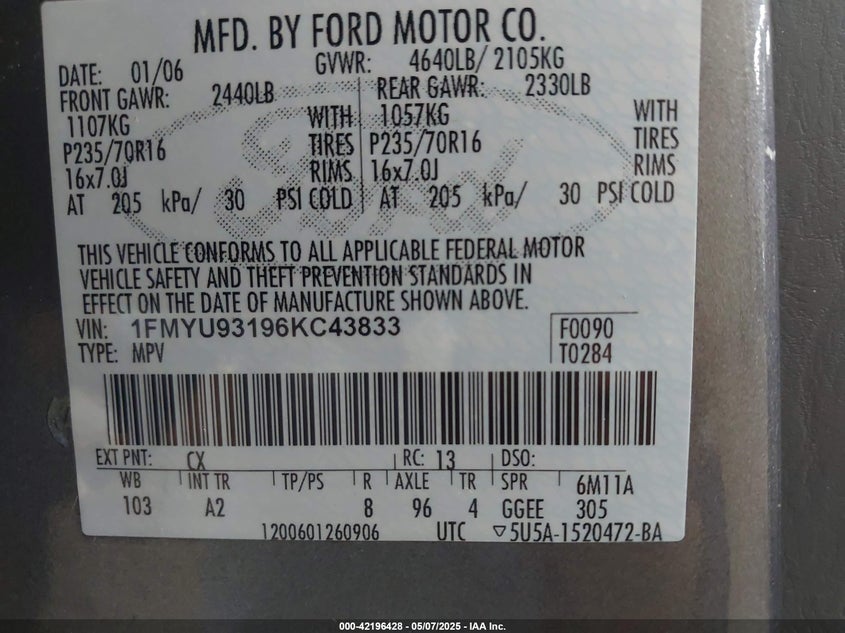 2006 FORD ESCAPE VIN: 1FMYU93196KC43833