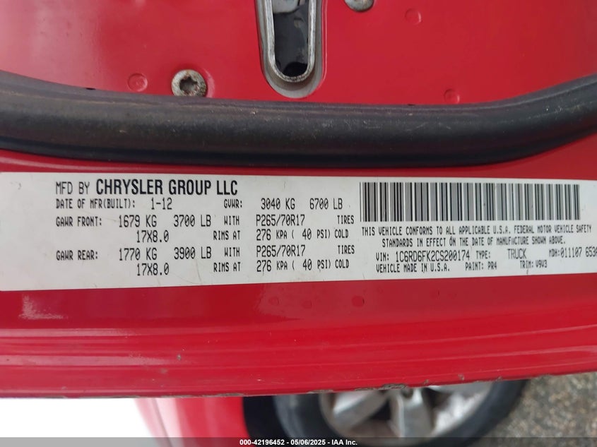 2012 RAM 1500 VIN: 1C6RD6FK2CS200174
