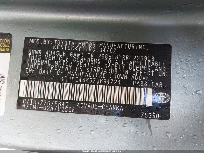 2007 TOYOTA CAMRY VIN: 4T1BE46K67U694721