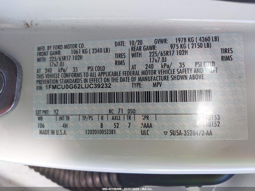 2020 FORD ESCAPE VIN: 1FMCU0G62LUC39232
