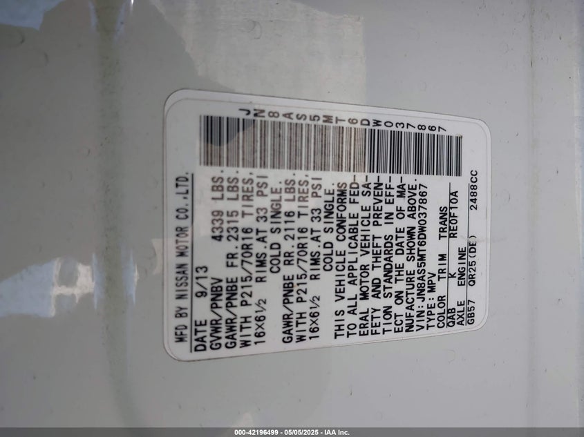 2013 NISSAN ROGUE VIN: JN8AS5MT6DW037867