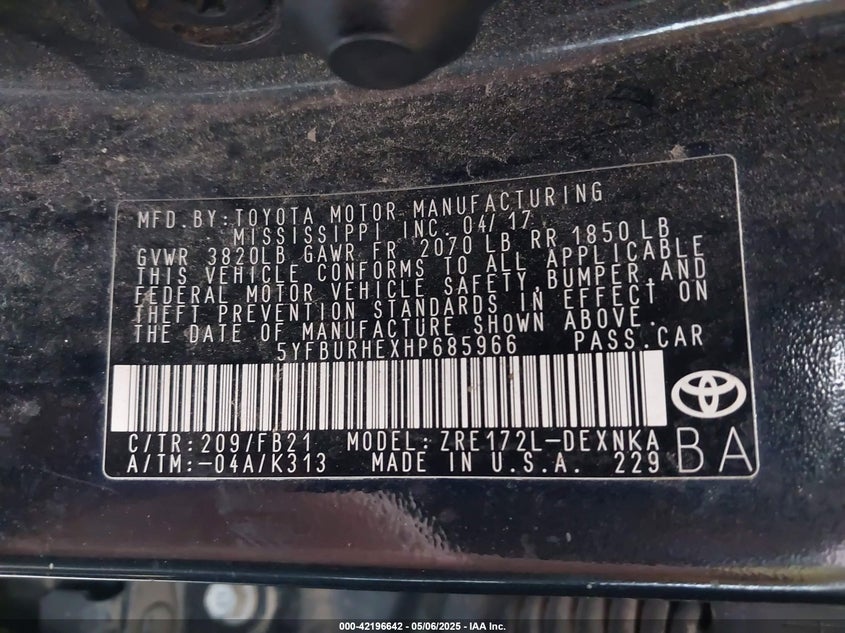 2017 TOYOTA COROLLA VIN: 5YFBURHEXHP685966