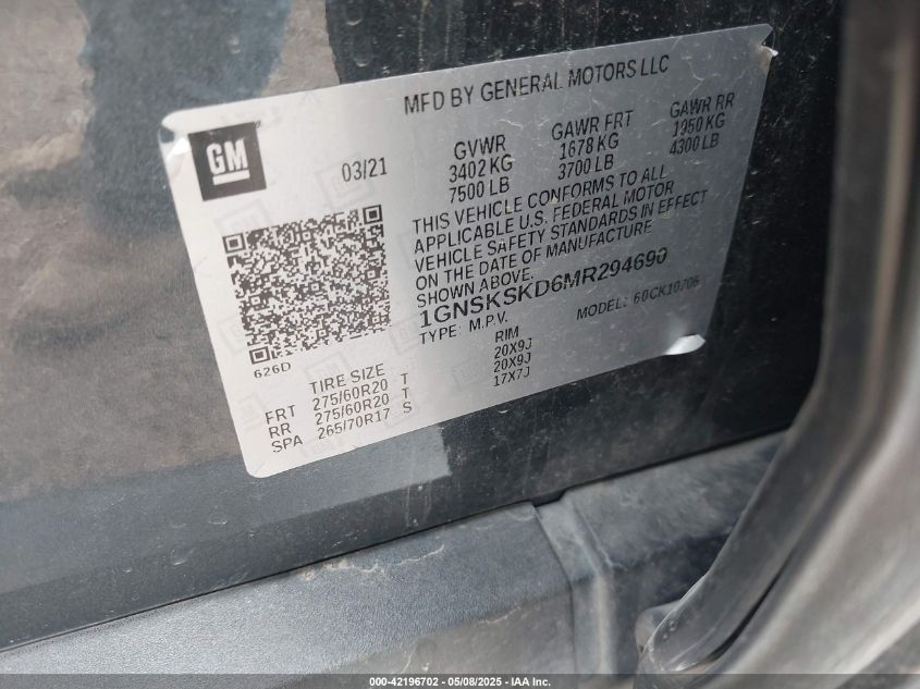 2021 Chevrolet Tahoe - 1GNSKSKD6MR294690