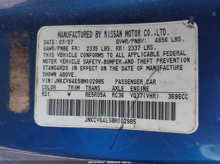 2008 INFINITI G37 VIN: JNKCV64E58M102985