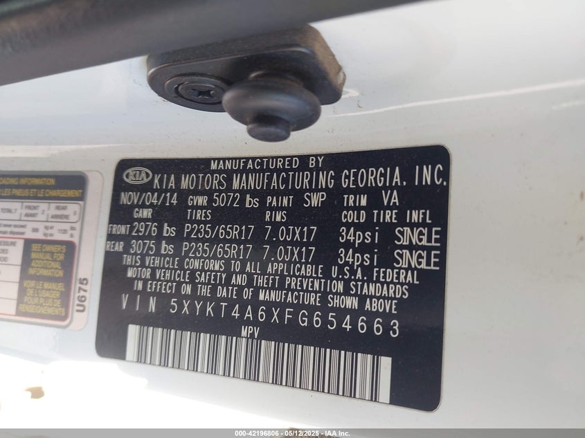 2015 Kia Sorento Lx VIN: 5XYKT4A6XFJ654663 Lot: 42196806