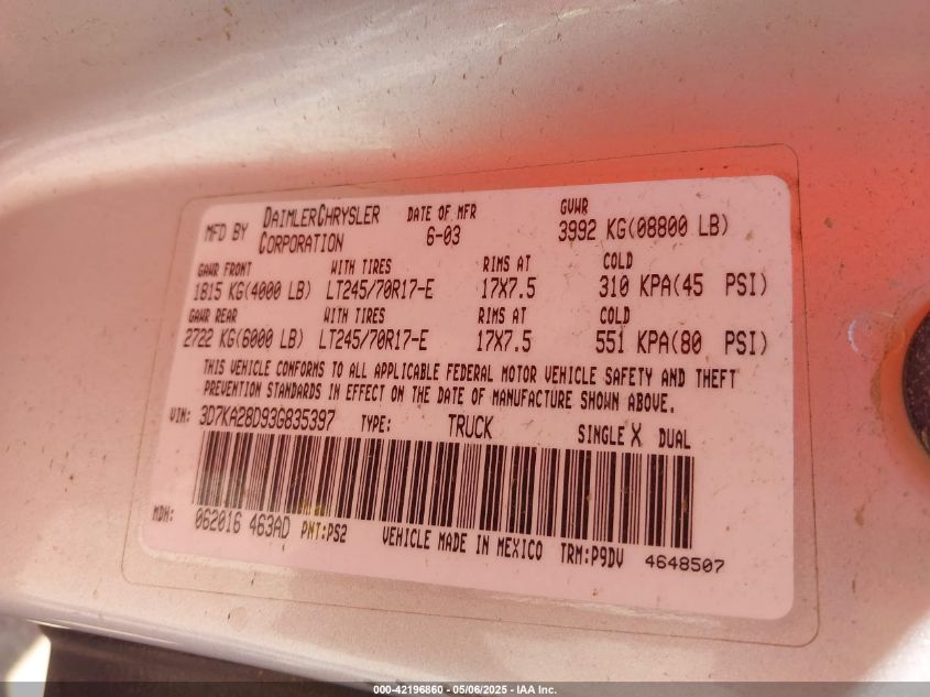 2003 Dodge Ram 2500 Slt/Laramie/St VIN: 3D7KA28D93G835397 Lot: 42196860