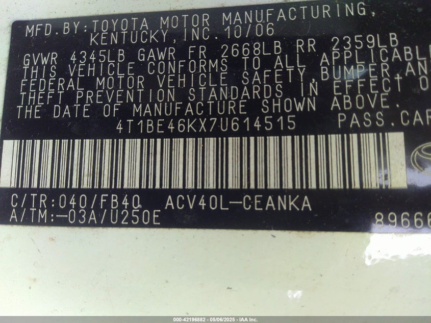 2007 TOYOTA CAMRY VIN: 4T1BE46KX7U614515