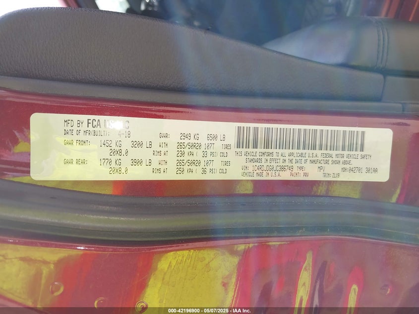 2018 DODGE DURANGO VIN: 1C4RDJDG0JC386749