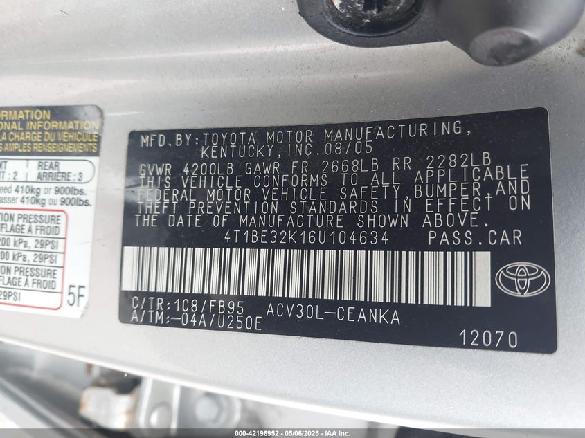 2006 TOYOTA CAMRY VIN: 4T1BE32K16U104634