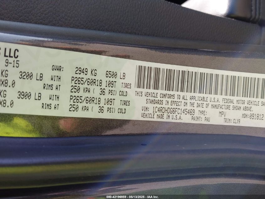 2015 Dodge Durango Limited VIN: 1C4RDHDG6FC145469 Lot: 42196959