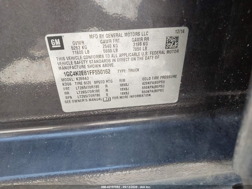 2015 Chevrolet Silverado 3500Hd Ltz VIN: 1GC4K0E81FF550162 Lot: 42197092