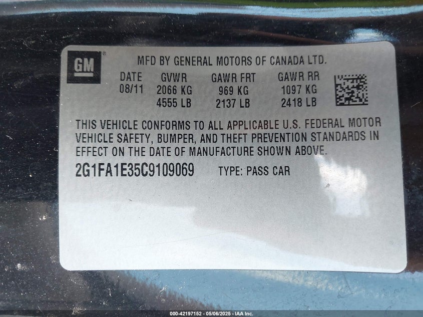 2012 CHEVROLET CAMARO VIN: 2G1FA1E35C9109069