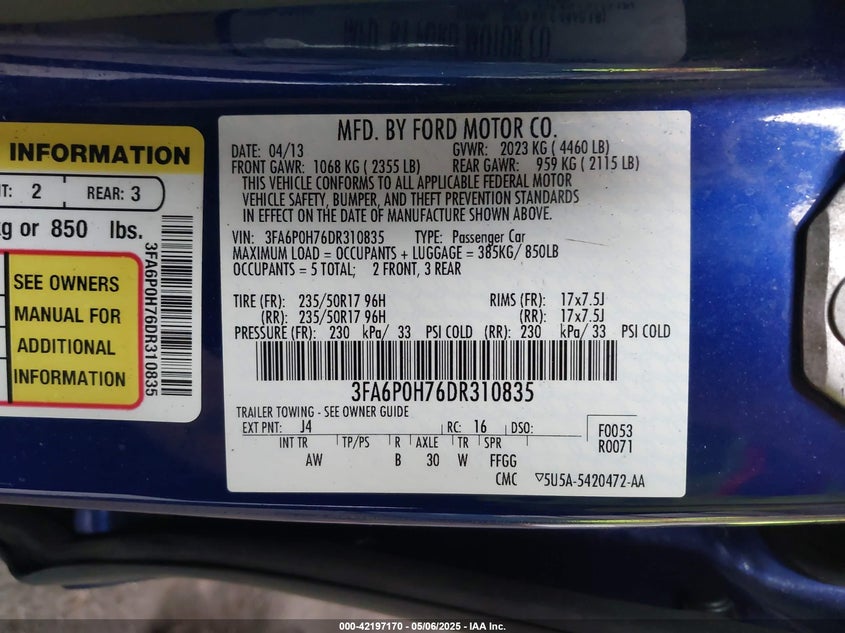 2013 FORD FUSION SE - 3FA6P0H76DR310835