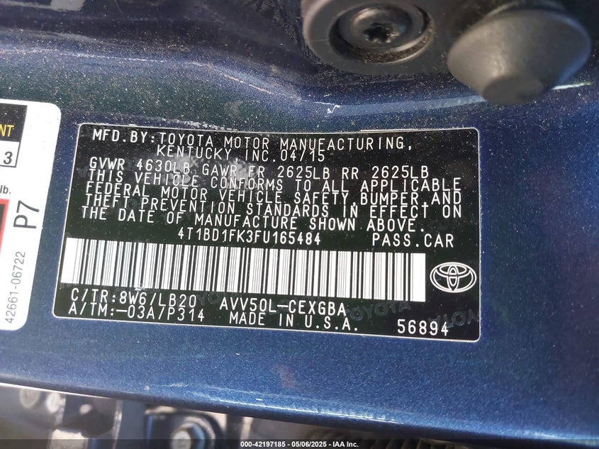2015 TOYOTA CAMRY HYBRID VIN: 4T1BD1FK3FU165484