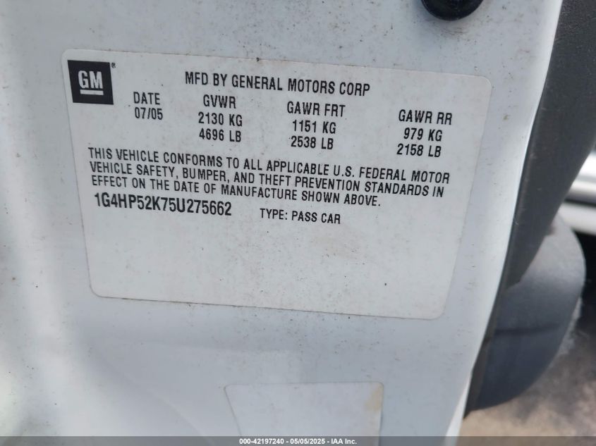 2005 Buick Lesabre Custom VIN: 1G4HP52K75U275662 Lot: 42197240