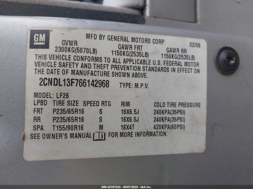 2006 CHEVROLET EQUINOX VIN: 2CNDL13F766142968