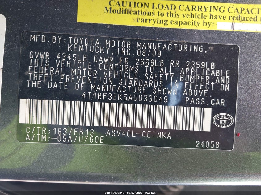 2010 TOYOTA CAMRY VIN: 4T1BF3EK5AU033049