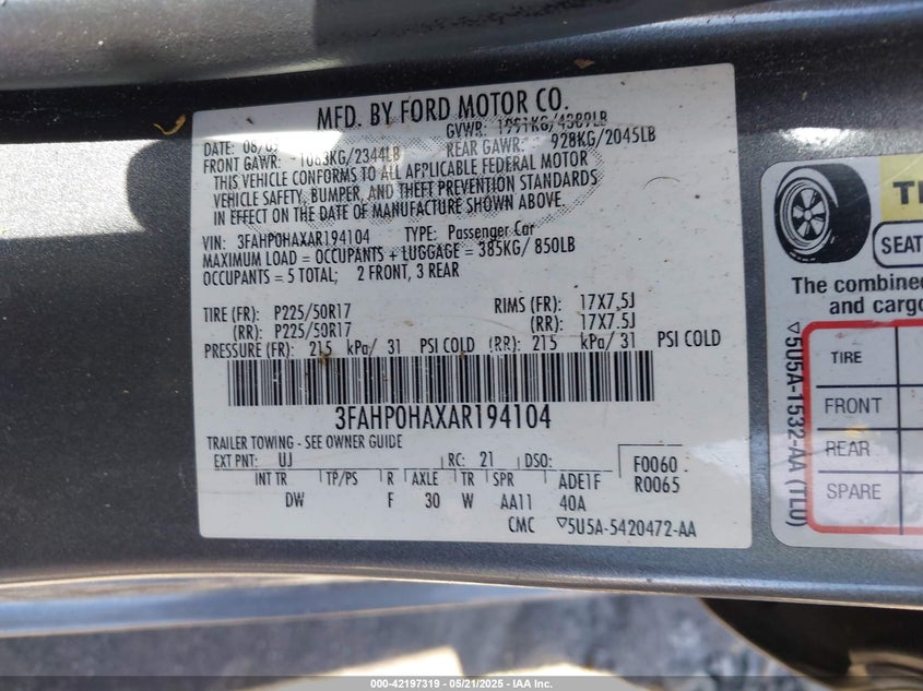 2010 FORD FUSION VIN: 3FAHP0HAXAR194104