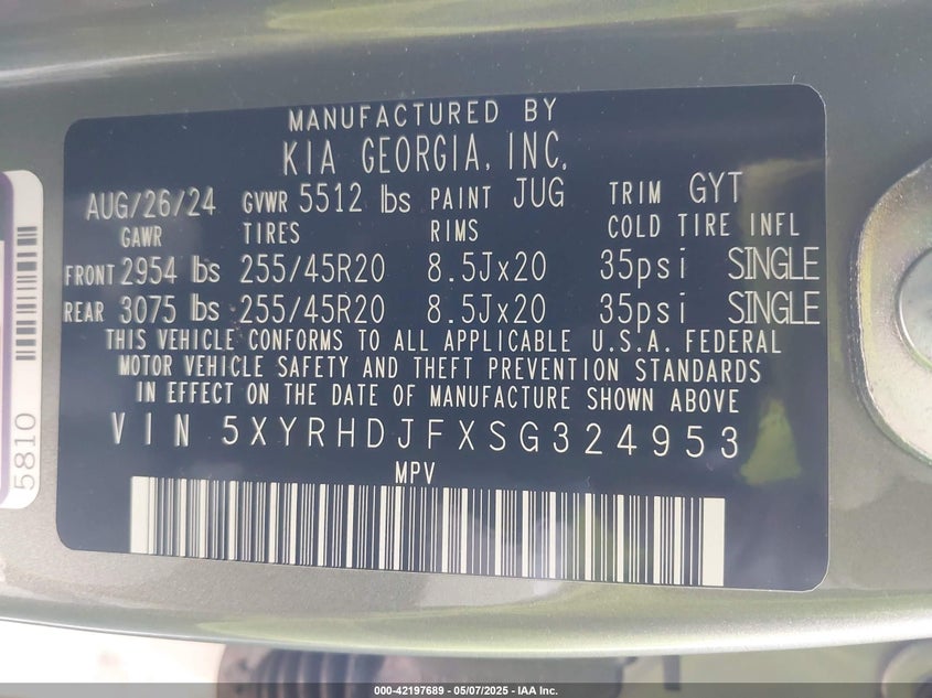 2025 Kia Sorento X-Line Ex VIN: 5XYRHDJFXSG324953 Lot: 42197689
