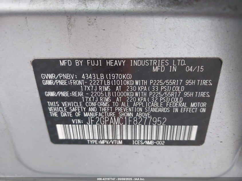 2015 SUBARU XV CROSSTREK VIN: JF2GPAMC1F8277952
