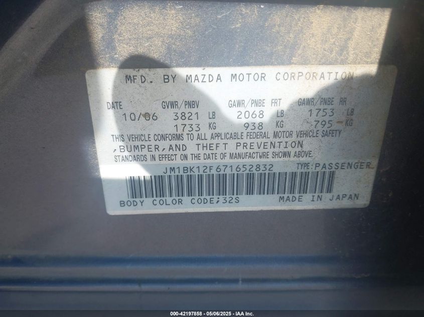 2007 Mazda Mazda3 I VIN: JM1BK12F671652832 Lot: 42197858